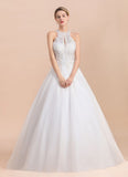 Looking for  in Tulle, A-line style, and Gorgeous Rhinestone work  MISSHOW has all covered on this elegant Gorgeous Halter Rhinstones Wedding Dress White Tulle Lace Appliques Aline Bridal Gown