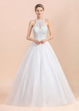 Wunderschönes Neckholder-Hochzeitskleid mit weißen Tüll-Spitzenapplikationen Aline Brautkleid