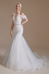 Gorgeous Halter Sleeveless Mermaid Floor-Length Tulle Wedding Dresses with Applique-misshow.com