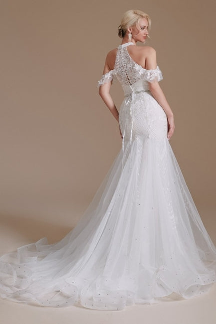 Gorgeous Halter Sleeveless Mermaid Floor-Length Tulle Wedding Dresses with Applique-misshow.com