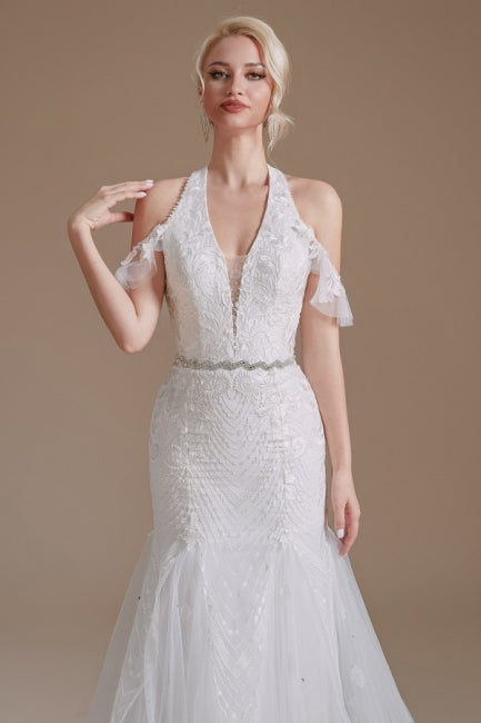 Gorgeous Halter Sleeveless Mermaid Floor-Length Tulle Wedding Dresses with Applique-misshow.com