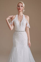 Gorgeous Halter Sleeveless Mermaid Floor-Length Tulle Wedding Dresses with Applique-misshow.com