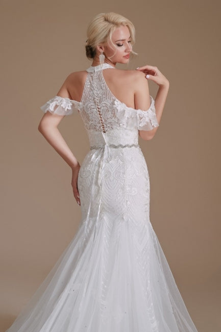 Gorgeous Halter Sleeveless Mermaid Floor-Length Tulle Wedding Dresses with Applique-misshow.com