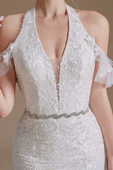 Gorgeous Halter Sleeveless Mermaid Floor-Length Tulle Wedding Dresses with Applique-misshow.com