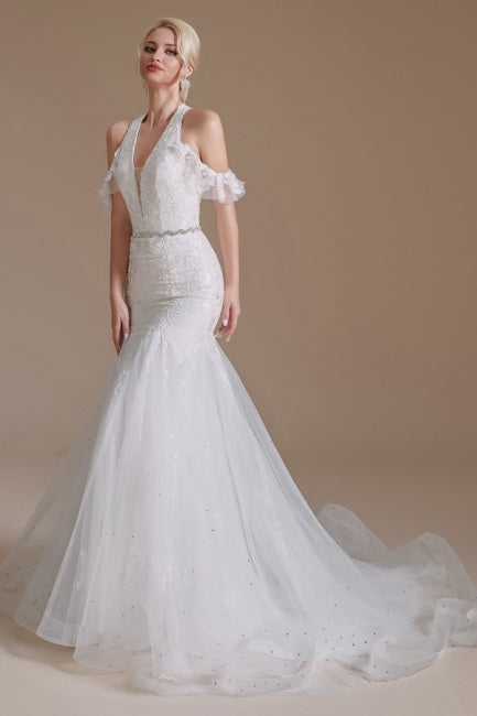 Gorgeous Halter Sleeveless Mermaid Floor-Length Tulle Wedding Dresses with Applique-misshow.com
