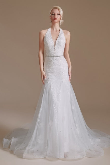 Gorgeous Halter Sleeveless Mermaid Floor-Length Tulle Wedding Dresses with Applique-misshow.com