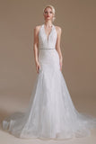Gorgeous Halter Sleeveless Mermaid Floor-Length Tulle Wedding Dresses with Applique-misshow.com