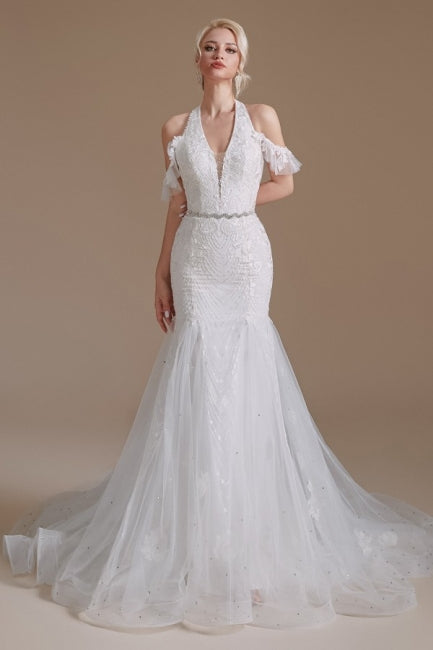 Gorgeous Halter Sleeveless Mermaid Floor-Length Tulle Wedding Dresses with Applique-misshow.com