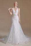 Gorgeous Halter Sleeveless Mermaid Floor-Length Tulle Wedding Dresses with Applique