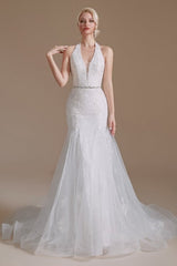 Gorgeous Halter Sleeveless Mermaid Floor-Length Tulle Wedding Dresses with Applique-misshow.com
