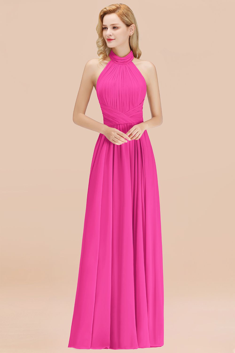 Gorgeous High-Neck Halter Backless Bridesmaid Dresses Dusty Rose Chiffon Maid of Honor Dress