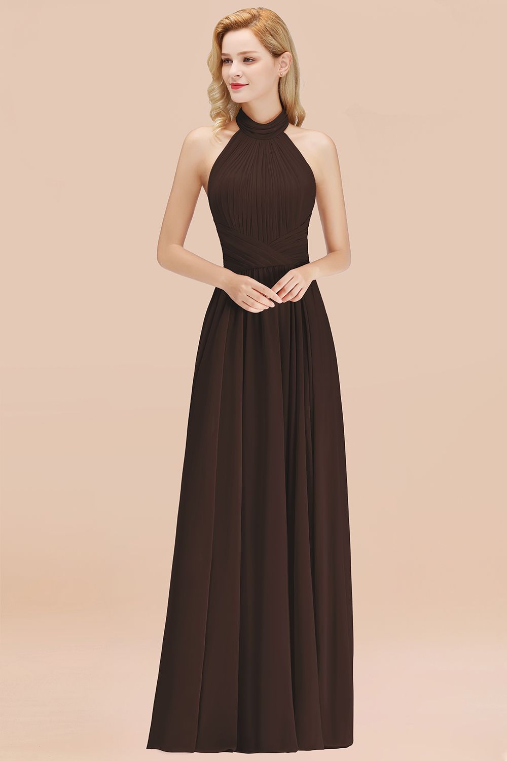Gorgeous High-Neck Halter Backless Bridesmaid Dresses Dusty Rose Chiffon Maid of Honor Dress
