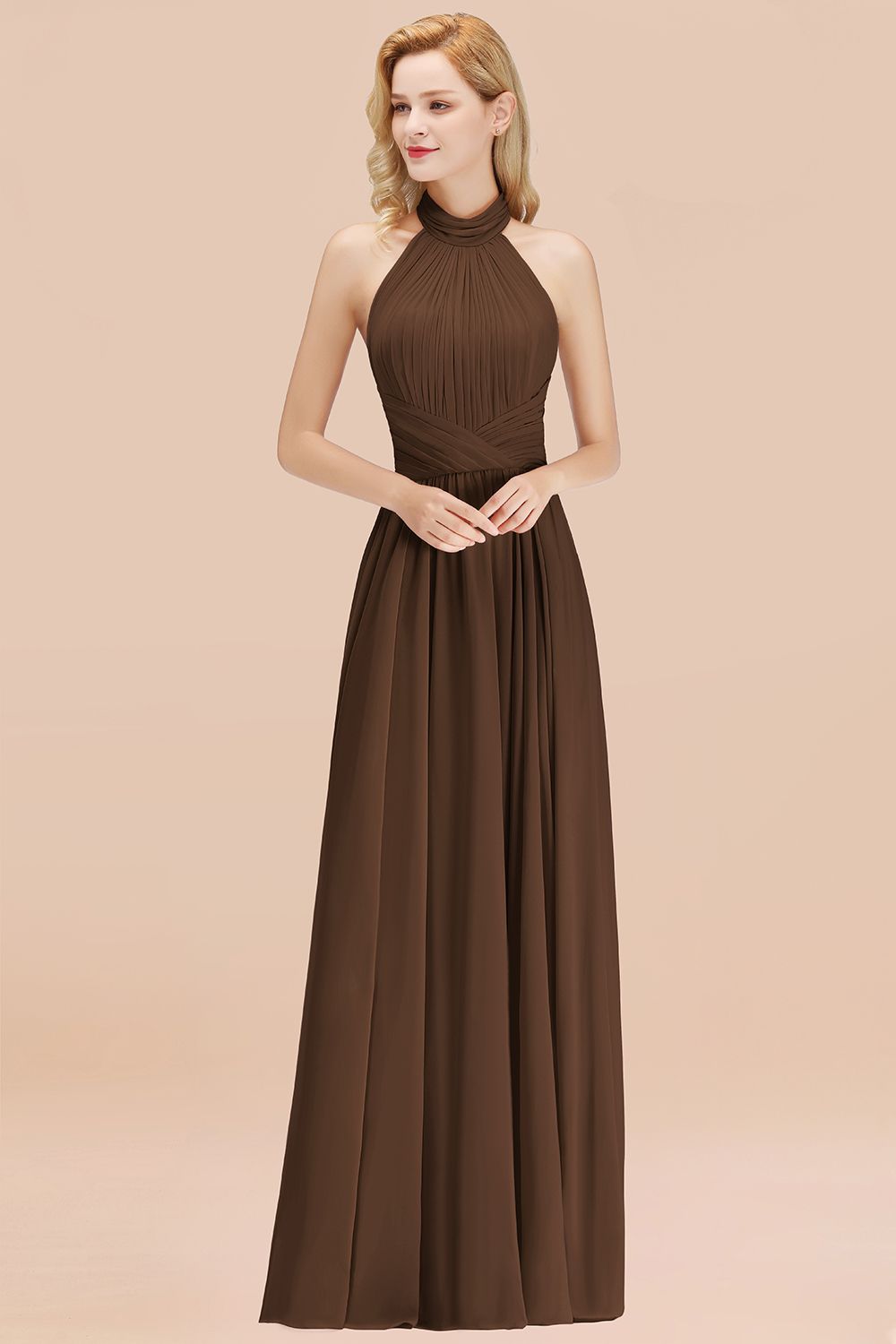 Gorgeous High-Neck Halter Backless Bridesmaid Dresses Dusty Rose Chiffon Maid of Honor Dress