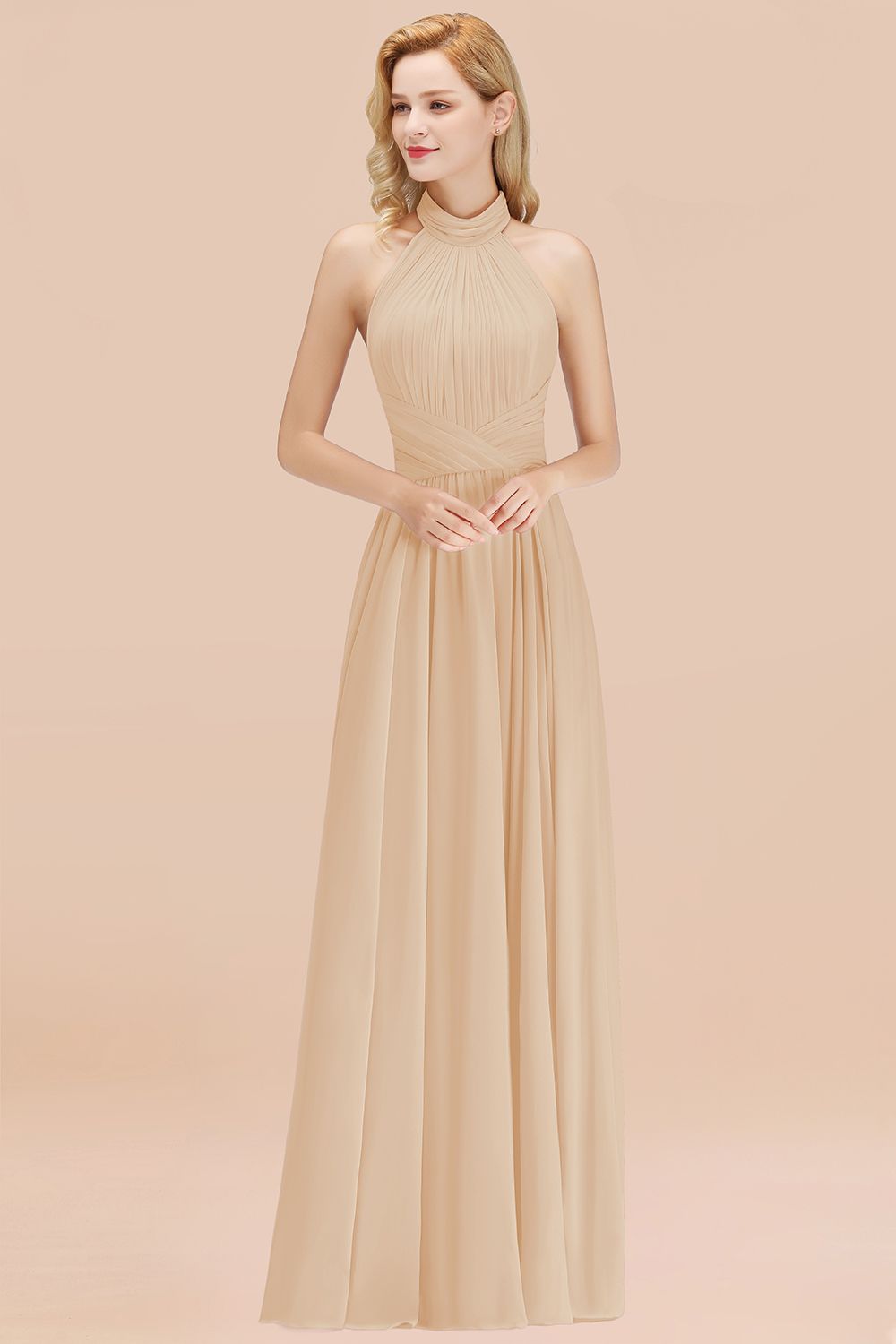 Gorgeous High-Neck Halter Backless Bridesmaid Dresses Dusty Rose Chiffon Maid of Honor Dress