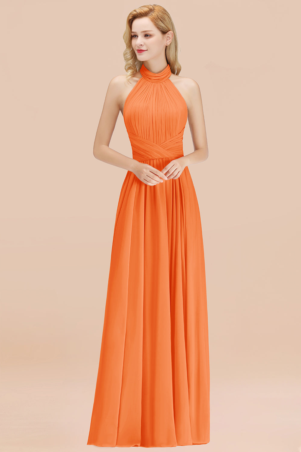 Gorgeous High-Neck Halter Backless Bridesmaid Dresses Dusty Rose Chiffon Maid of Honor Dress