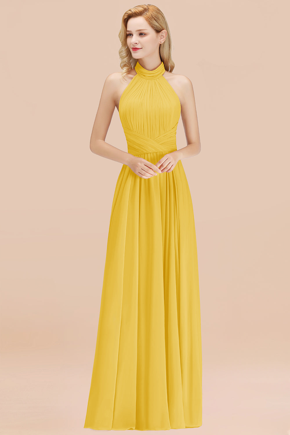 Gorgeous High-Neck Halter Backless Bridesmaid Dresses Dusty Rose Chiffon Maid of Honor Dress
