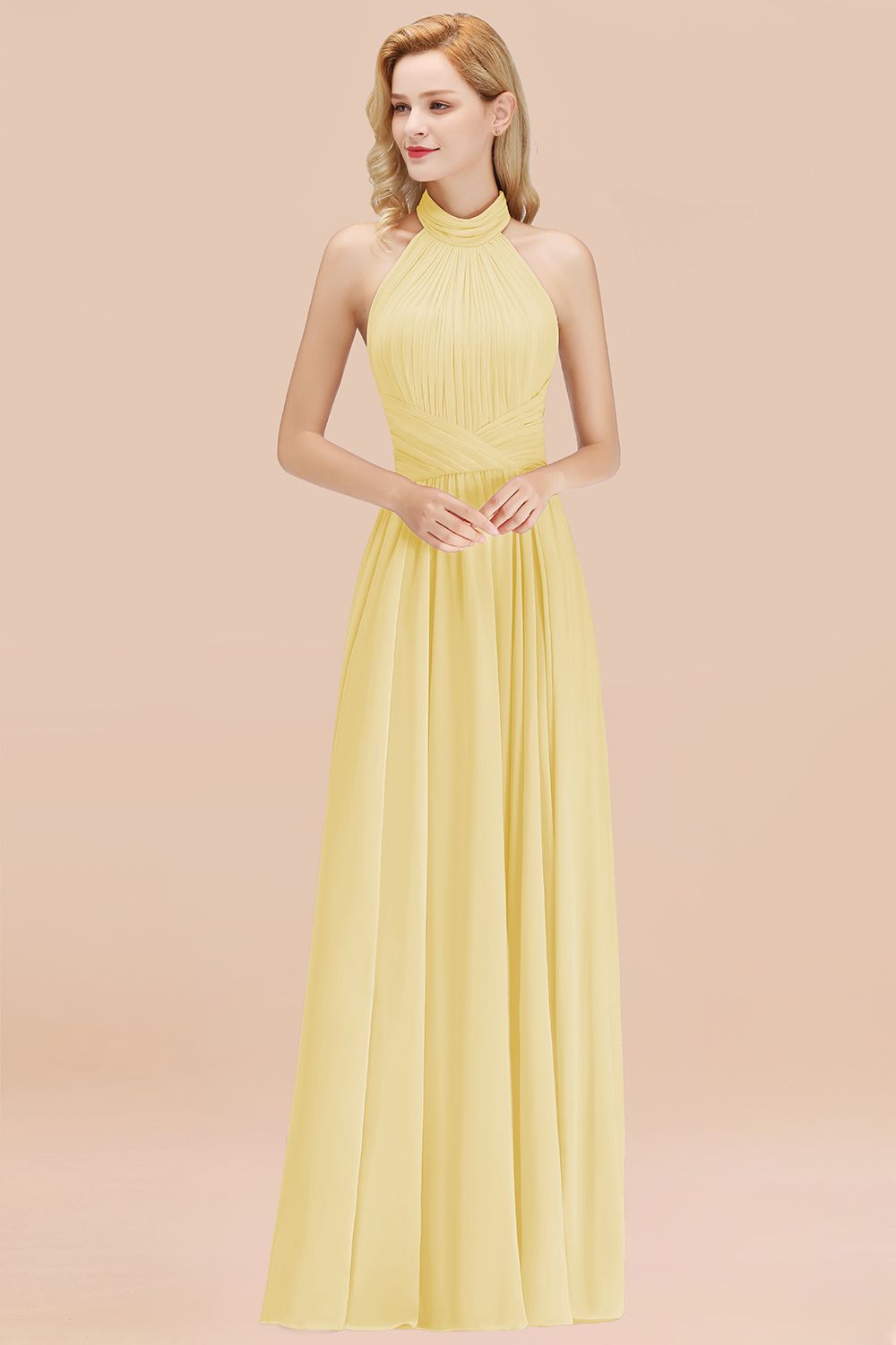 Gorgeous High-Neck Halter Backless Bridesmaid Dresses Dusty Rose Chiffon Maid of Honor Dress