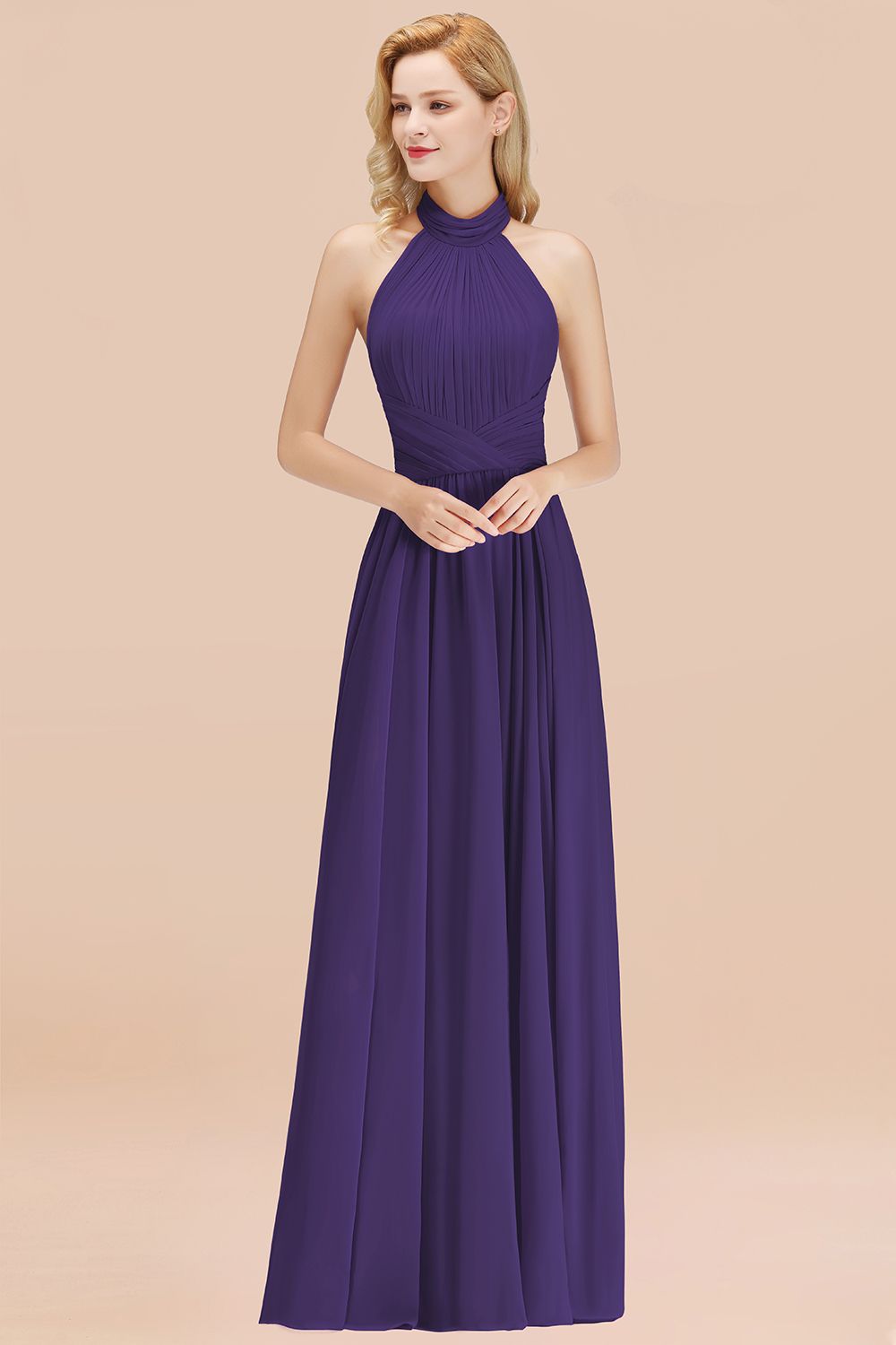 Gorgeous High-Neck Halter Backless Bridesmaid Dresses Dusty Rose Chiffon Maid of Honor Dress
