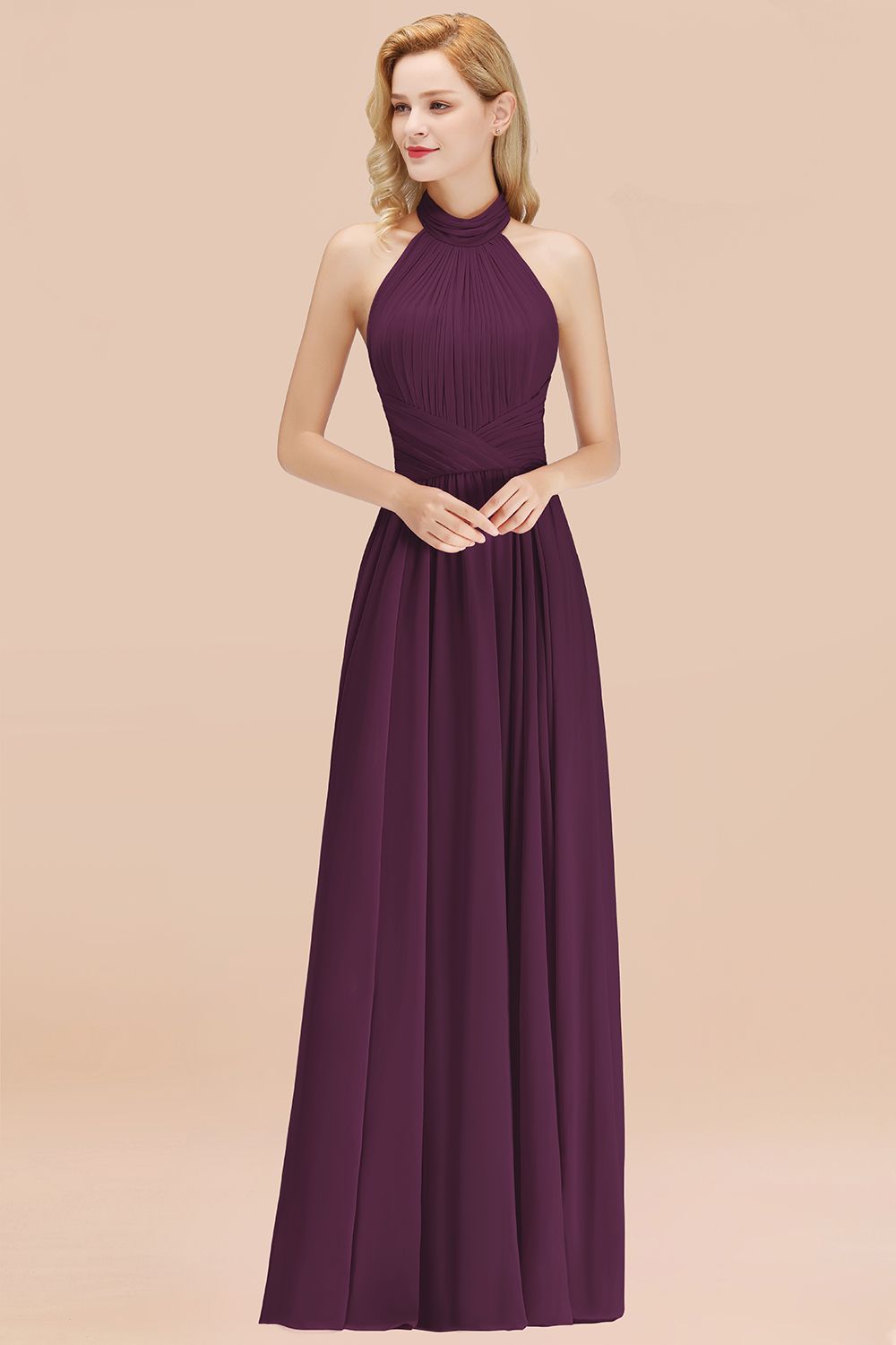 Gorgeous High-Neck Halter Backless Bridesmaid Dresses Dusty Rose Chiffon Maid of Honor Dress