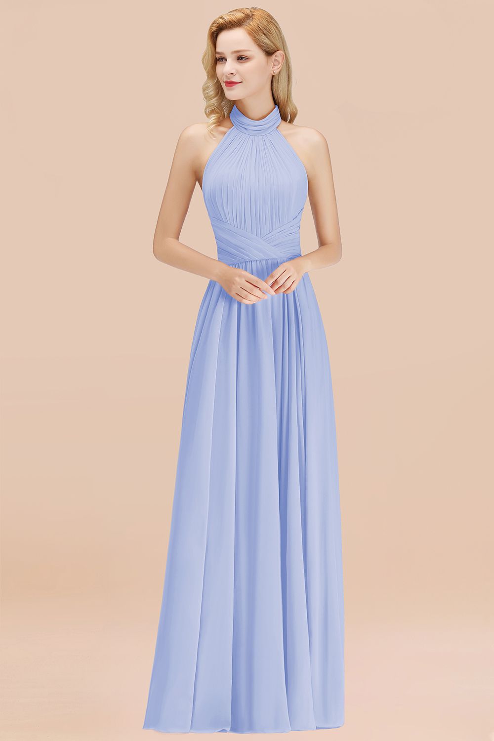 Gorgeous High-Neck Halter Backless Bridesmaid Dresses Dusty Rose Chiffon Maid of Honor Dress