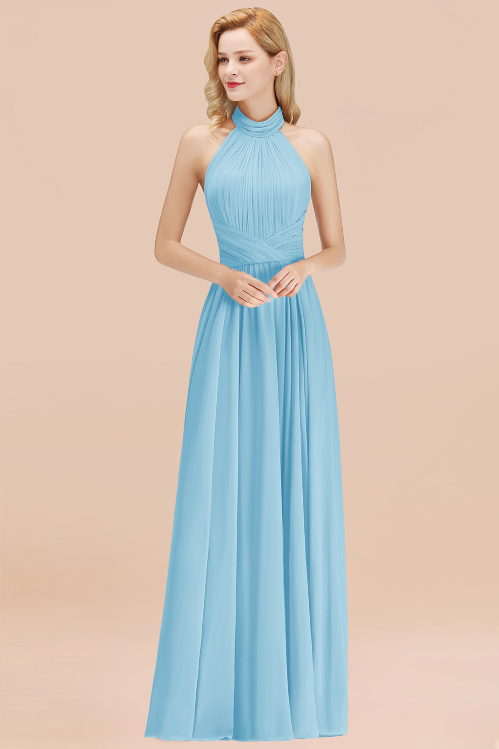 Gorgeous High-Neck Halter Backless Bridesmaid Dresses Dusty Rose Chiffon Maid of Honor Dress
