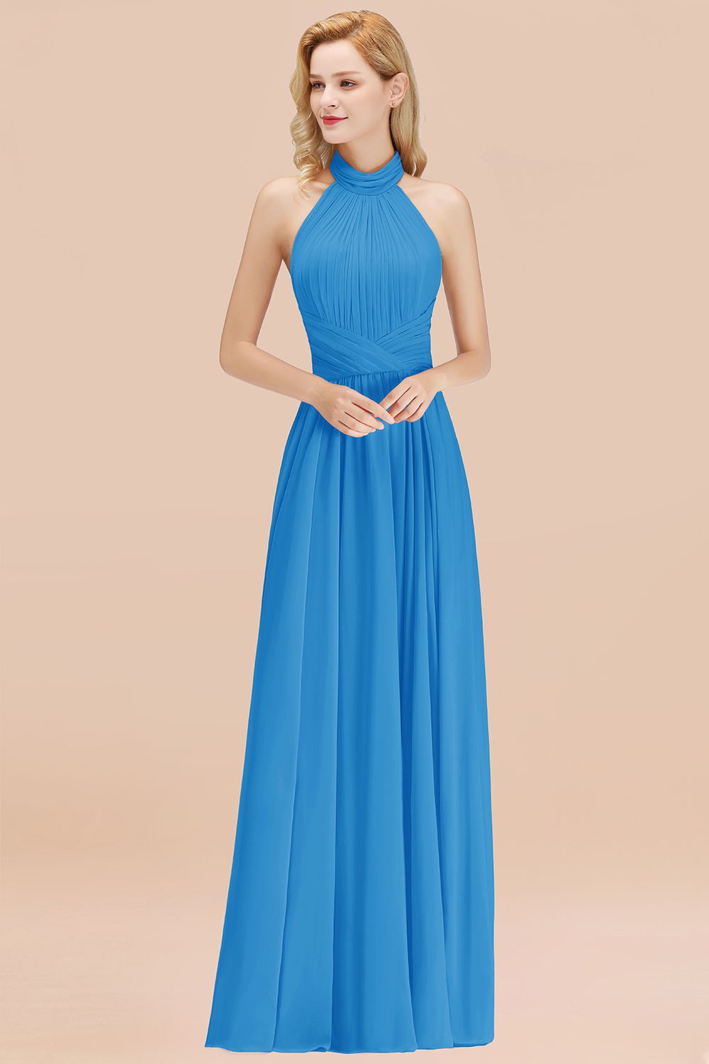 Gorgeous High-Neck Halter Backless Bridesmaid Dresses Dusty Rose Chiffon Maid of Honor Dress