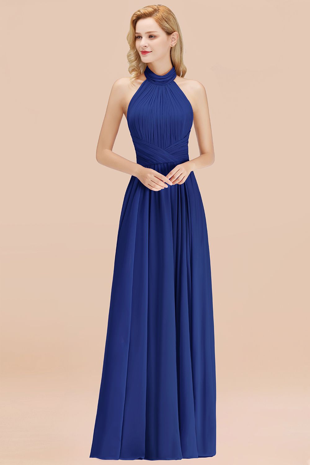Gorgeous High-Neck Halter Backless Bridesmaid Dresses Dusty Rose Chiffon Maid of Honor Dress