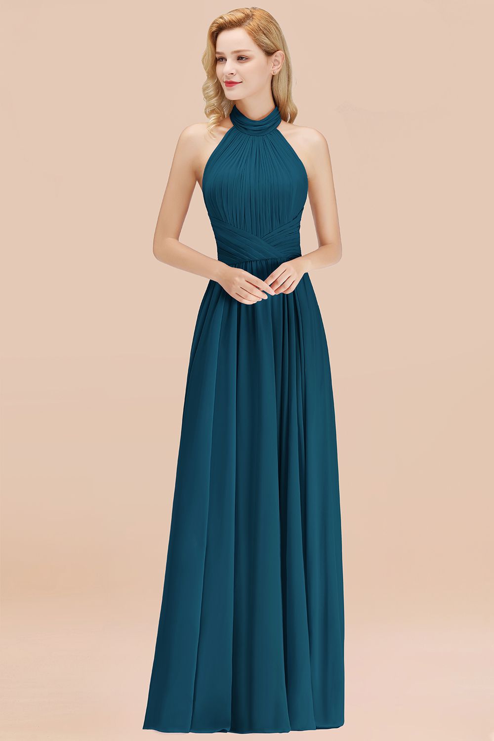 Gorgeous High-Neck Halter Backless Bridesmaid Dresses Dusty Rose Chiffon Maid of Honor Dress