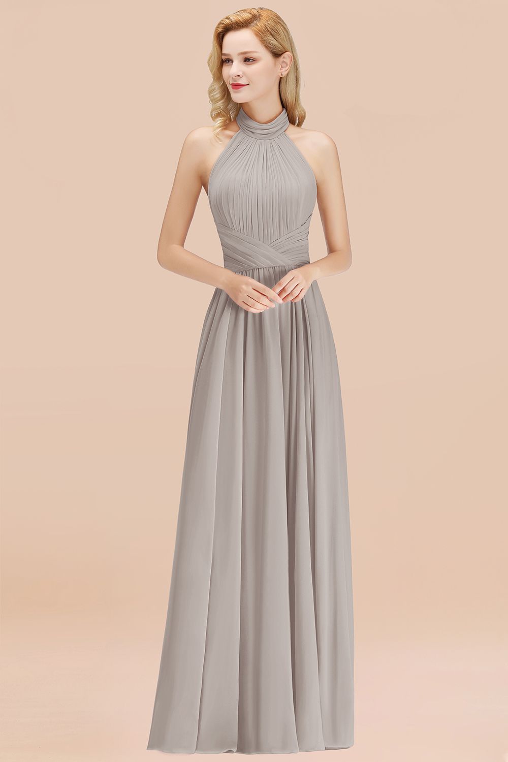 Gorgeous High-Neck Halter Backless Bridesmaid Dresses Dusty Rose Chiffon Maid of Honor Dress
