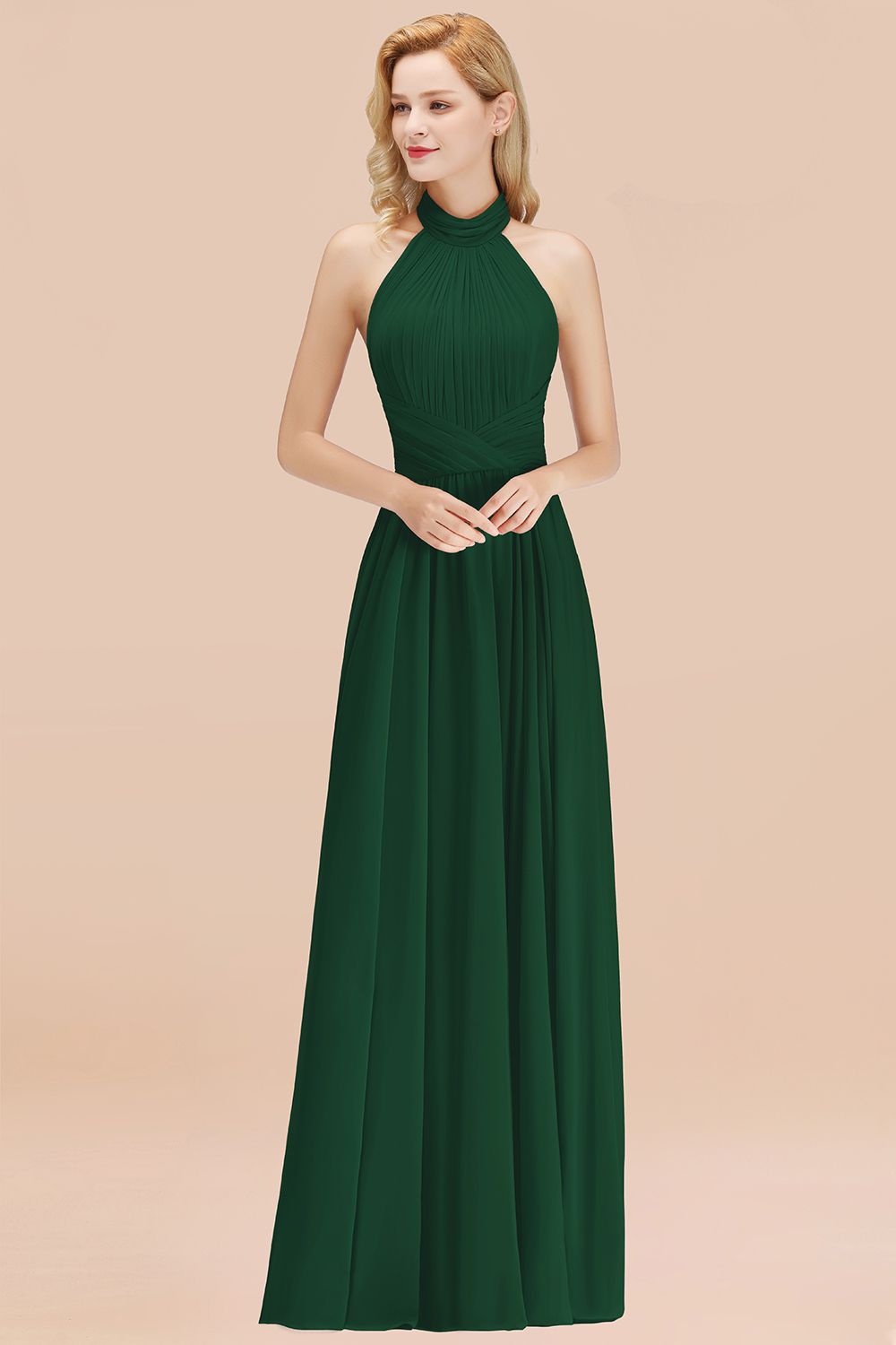 Gorgeous High-Neck Halter Backless Bridesmaid Dresses Dusty Rose Chiffon Maid of Honor Dress