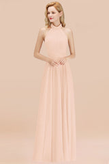 Gorgeous High-Neck Halter Backless Bridesmaid Dresses Dusty Rose Chiffon Maid of Honor Dress