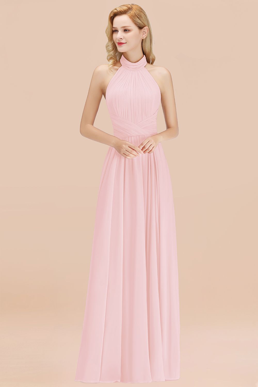 Gorgeous High-Neck Halter Backless Bridesmaid Dresses Dusty Rose Chiffon Maid of Honor Dress
