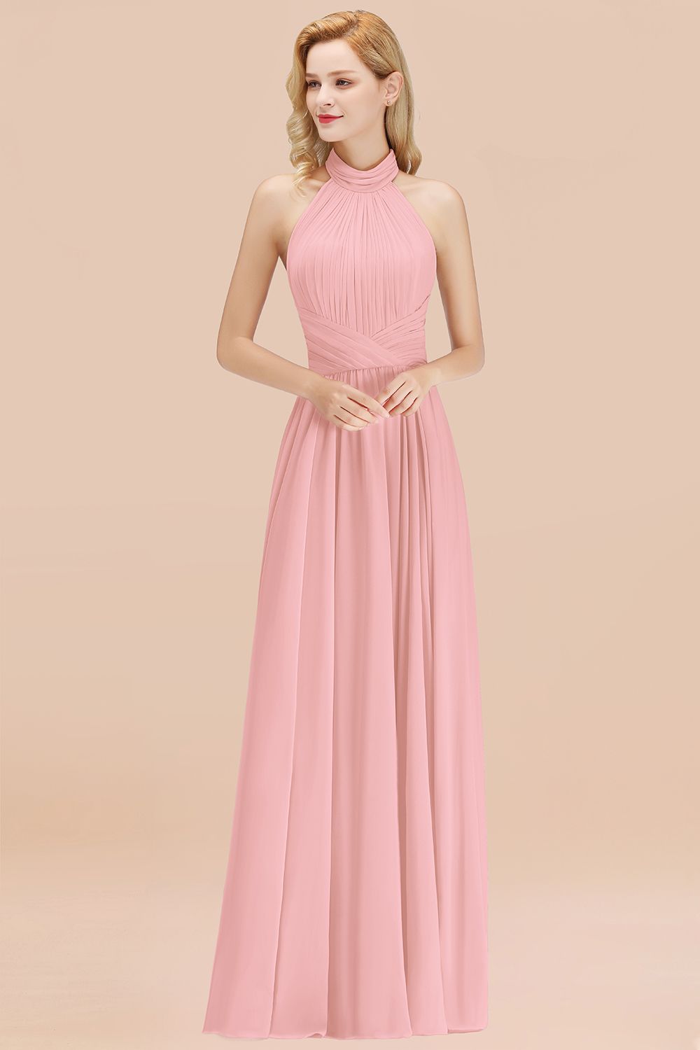 Gorgeous High-Neck Halter Backless Bridesmaid Dresses Dusty Rose Chiffon Maid of Honor Dress