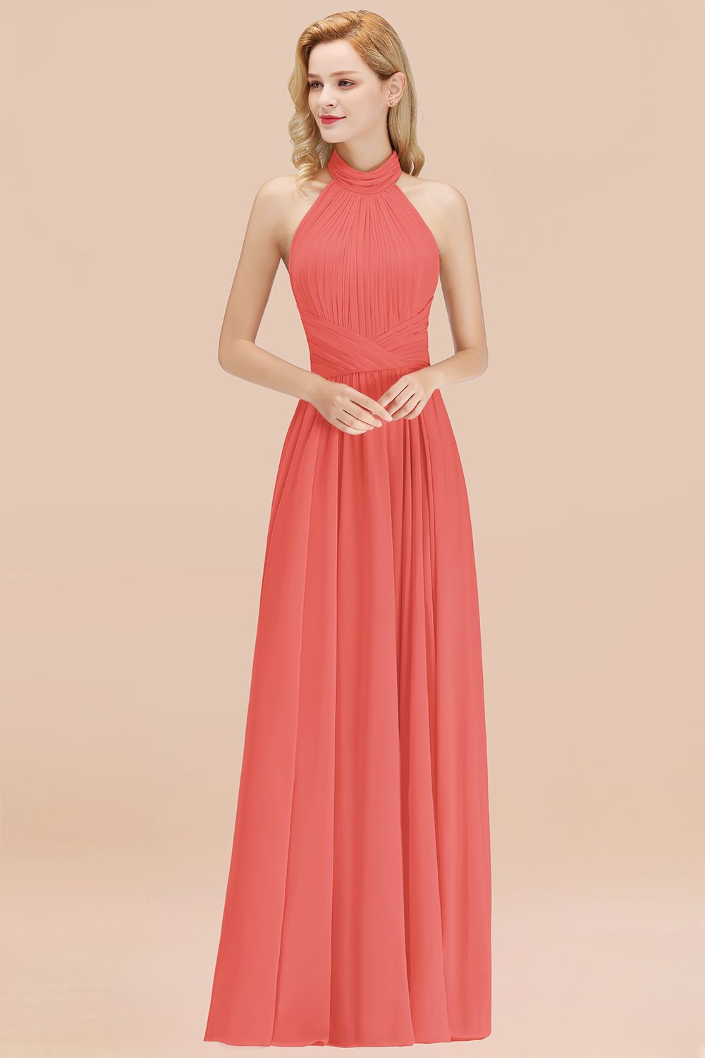 Gorgeous High-Neck Halter Backless Bridesmaid Dresses Dusty Rose Chiffon Maid of Honor Dress