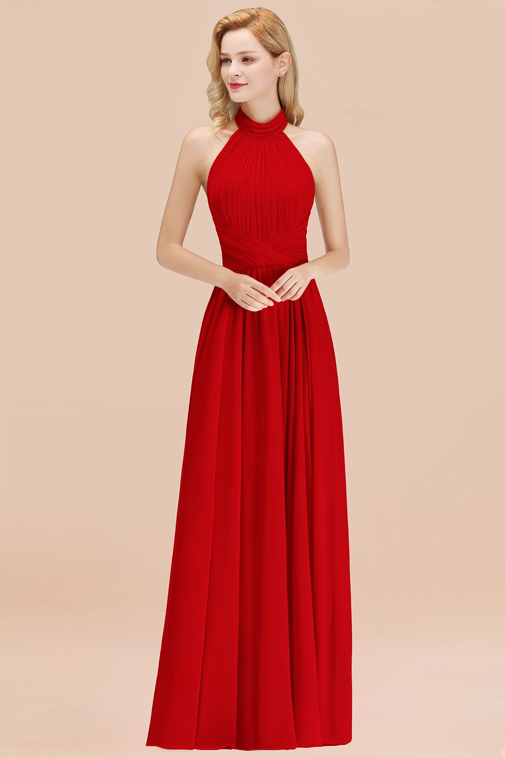 Gorgeous High-Neck Halter Backless Bridesmaid Dresses Dusty Rose Chiffon Maid of Honor Dress