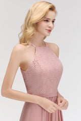 Gorgeous High-Neck Halter Lace Affordable Bridesmaid Dresses with Ruffle