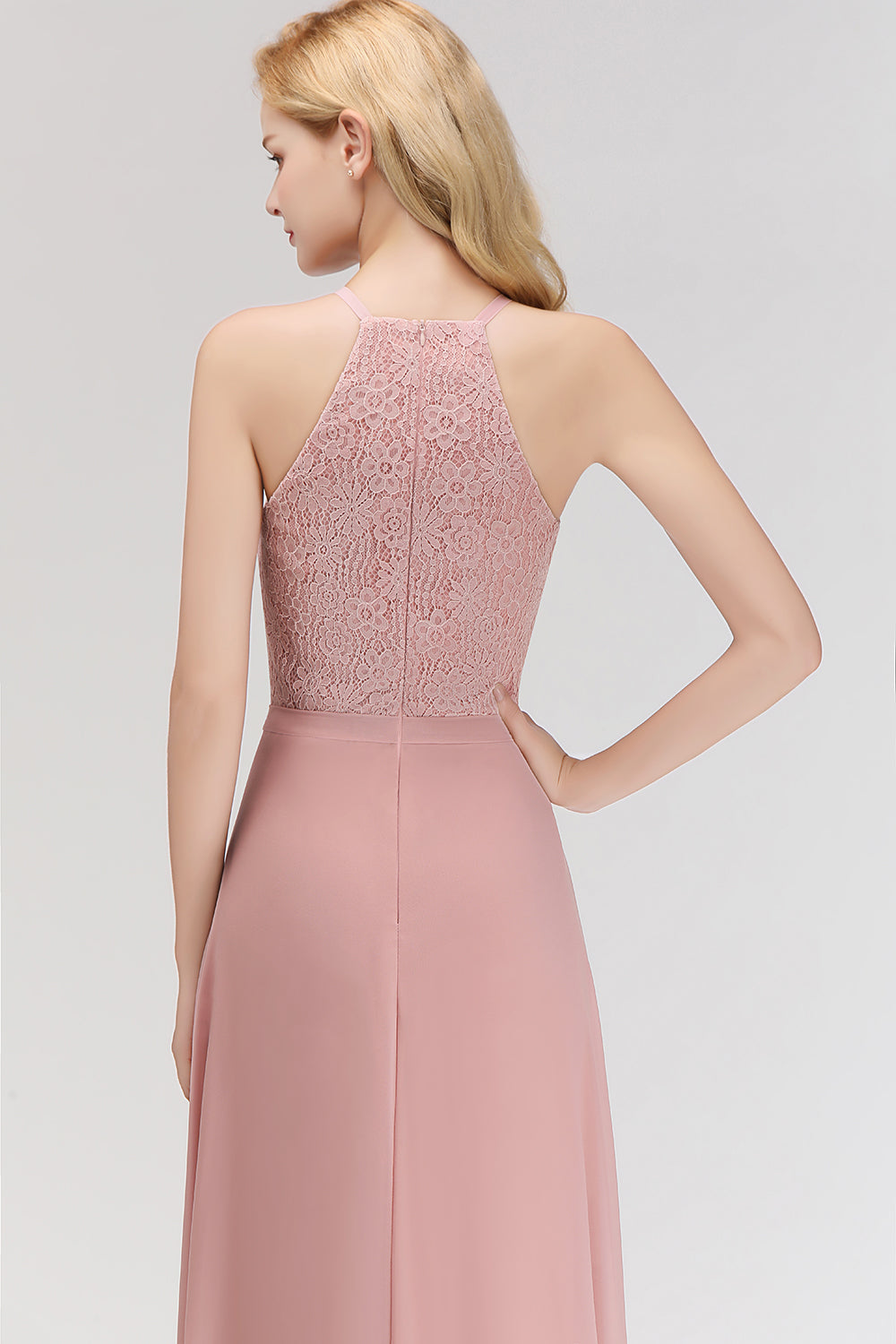 Gorgeous High-Neck Halter Lace Affordable Bridesmaid Dresses with Ruffle