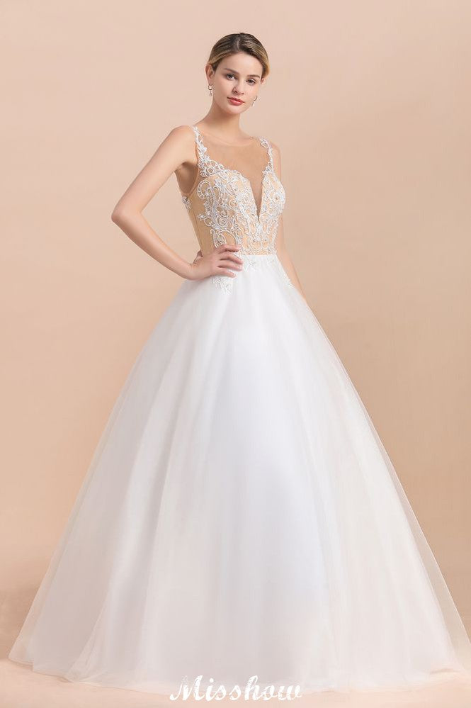 MISSHOW offers Gorgeous Illusion Neck Button Sleeveless White Ball Gown Wedding Dress at a good price from White,Ivory,Champagne,Tulle to A-line Floor-length them. Stunning yet affordable Sleeveless .