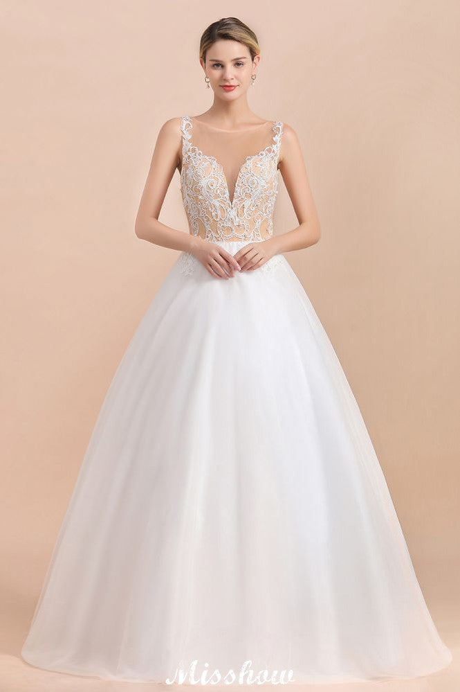 MISSHOW offers Gorgeous Illusion Neck Button Sleeveless White Ball Gown Wedding Dress at a good price from White,Ivory,Champagne,Tulle to A-line Floor-length them. Stunning yet affordable Sleeveless .