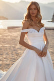 Gorgeous Long A-line Off-the-shoulder Satin Sleeveless Wedding Dresses With Glitter-misshow.com