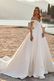 Gorgeous Long A-line Off-the-shoulder Satin Sleeveless Wedding Dresses With Glitter-misshow.com