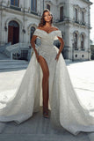 Gorgeous Long A-line Off-the-shoulder Sequined Wedding Dress With Slit-misshow.com