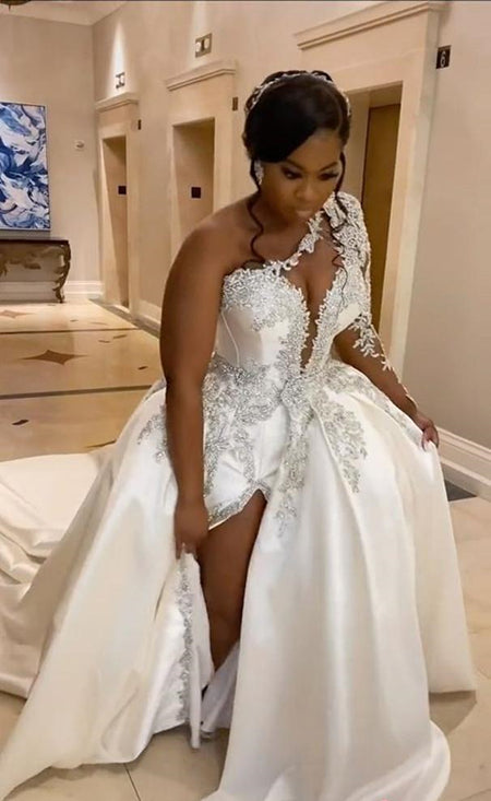 Gorgeous Long A-line One Shoulder Beading Wedding Dress With Slit-misshow.com