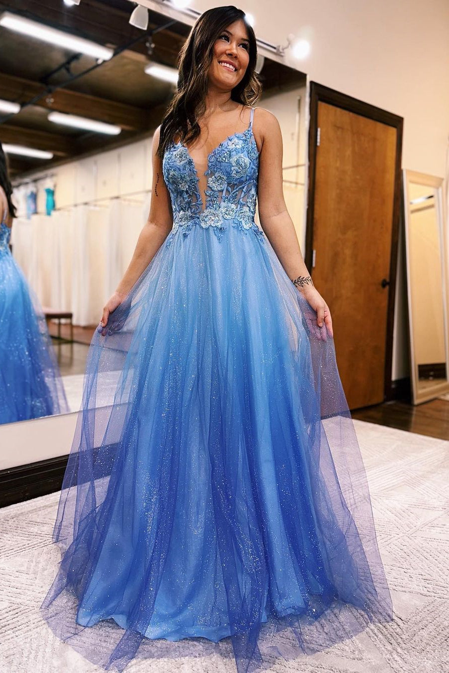 Gorgeous Long A-line V-neck Glitter Sleeveless Prom Dress With Appliques-misshow.com