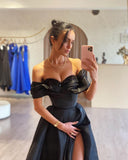 Gorgeous Long Black A-line Off-the-shoulder Beading Prom Dress With Slit
