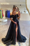 Gorgeous Long Black A-line Off-the-shoulder Beading Prom Dress With Slit