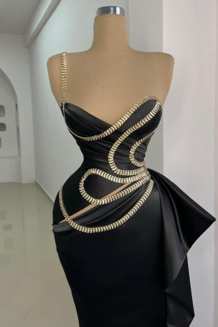 Gorgeous Long Black Mermaid One Shoulder Sleeveless Prom Evening Dresses with Lace
