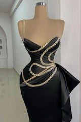 Gorgeous Long Black Mermaid One Shoulder Sleeveless Prom Evening Dresses with Lace