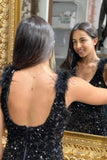 Gorgeous Long Black V-neck Split Sleeveless Mermaid Evening Dresses With Glitter-misshow.com