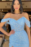 Gorgeous Long Blue Mermaid Off-the-shoulder Sequined Sleeveless Prom Dress With Slit-misshow.com